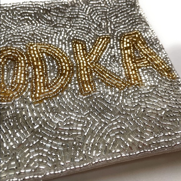 🍸NWT “VODKA” Hand Beaded Clutch Pouch Coin Purse Bag Silver & Gold Novelty - Picture 2 of 4